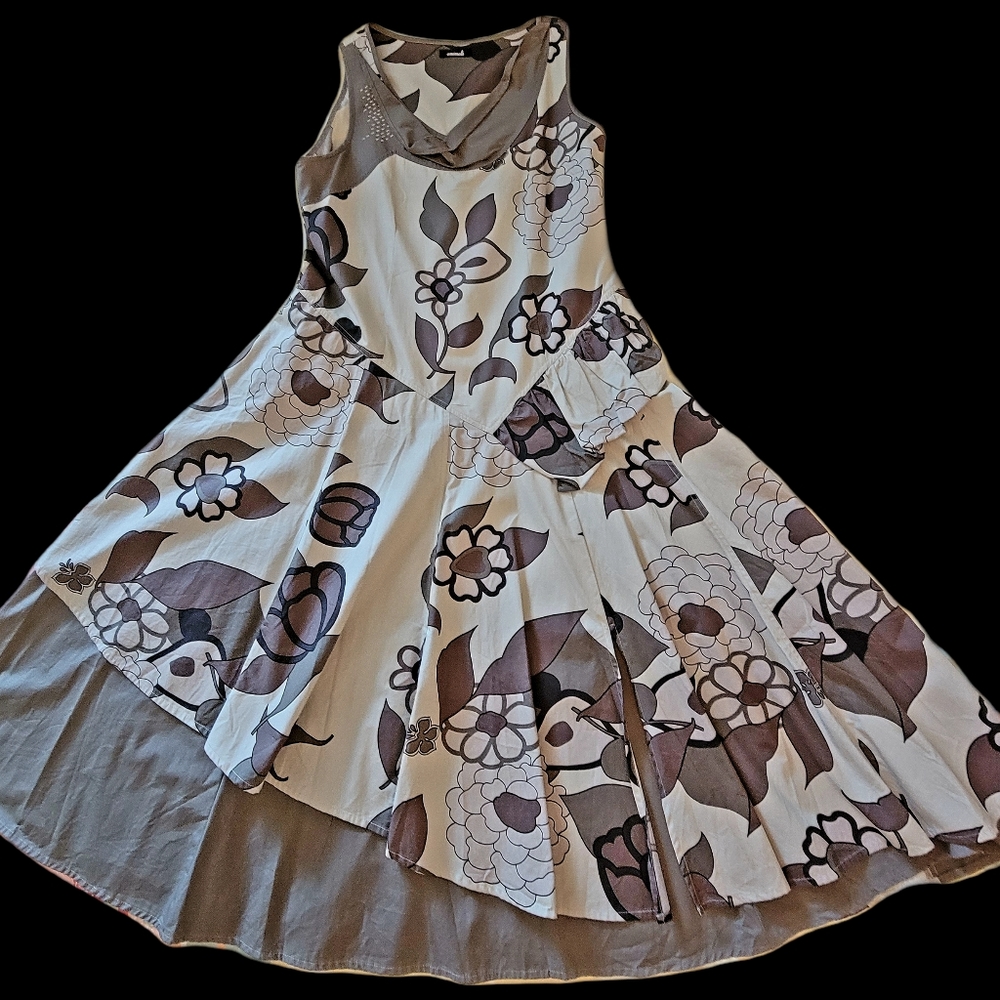 Animale Assimetrical Cotton Black Brown Grayish Greenish Long Midi Dress Size 12